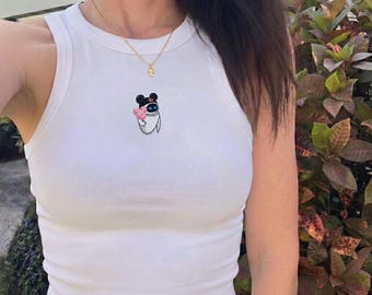 EVE Gesticktes geripptes Tank Top, Disney Pixar Wall E Shirt, niedlicher minimaler Roboter Tank, rosa Baby T-Shirt, Disney Urlaub Outfit Geschenk