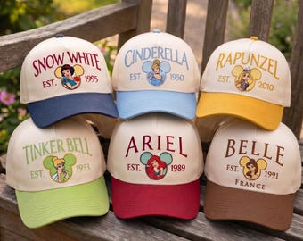 Cappello ricamato delle Principesse Disney, Biancaneve, Ariel, Belle, Cenerentola, Rapunzel, Trilli, perfetto per un viaggio al Magic Kingdom o come cappello per una gita a Disney.
