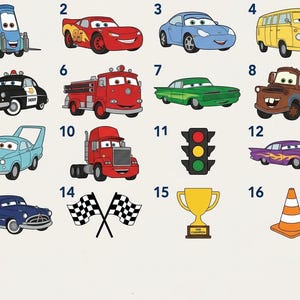 May include: A collection of cartoon car illustrations, including a tow truck, race car, blue sports car, yellow van, police car, fire truck, green car, brown tow truck, light blue car, red truck, traffic light, purple car, blue car, checkered flags, trophy, and orange cone.