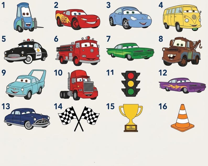May include: A collection of cartoon car illustrations, including a tow truck, race car, blue sports car, yellow van, police car, fire truck, green car, brown tow truck, light blue car, red truck, traffic light, purple car, blue car, checkered flags, trophy, and orange cone.