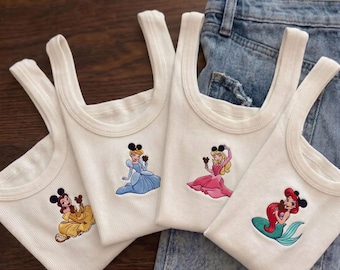 Besticktes Disney Prinzessinnen Tank Top, Belle Cinderella Aurora Ariel Geripptes Baby T-Shirt, Prinzessin Mickey Ears Crop Tank Top, Disney Trip Shirt