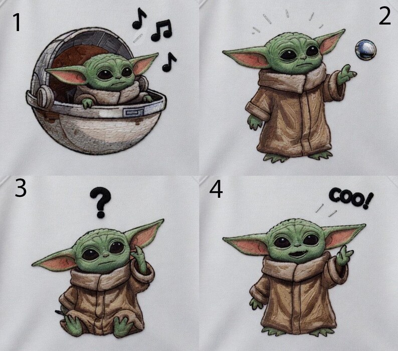 May include: Four images of a green alien character in a brown coat. The first image shows the character in a pod with musical notes. The second image shows the character with a floating ball. The third image shows the character with a question mark. The fourth image shows the character with the word "coo!"