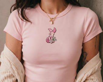 Piglet Embroidered Baby Tee, Cute Winnie the Pooh Crop Top, Pink Disney Ribbed Shirt, Y2K Tee for Women, Vintage Winnie the Pooh Outfit