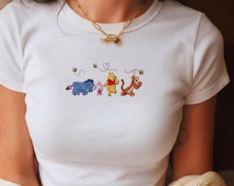 Winnie The Pooh and Friends Embroidered Baby Tee, Pooh Tigger Piglet Eeyore Crop Tee, WDW Disneyland Girls Trip Shirt, Disney Vacation Tee
