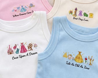 Embroidered Disney Princess Tank Top, Rapunzel Belle Cinderella Aurora Ariel Ribbed Crop Top, Magical Disney Outfit, Y2k Disney Tank