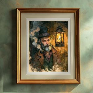 Vintage Pipe Smoking Gentleman Print - Victorian Era Man with Lantern Digital Download Art