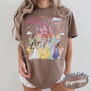 May include: Espresso-colored t-shirt featuring a Disney Princess graphic. The design includes a castle, fireworks, and various princess characters. The words "Disney Princess" are arched across the top. The shirt is part of the Comfort Colors collection.