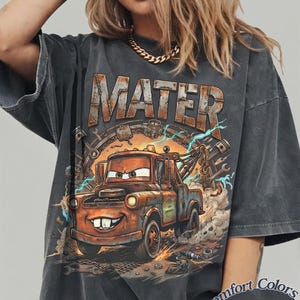 Vintage Tow Mater Comfort Colors Shirt, Radiator Springs Disney Cars Shirt, Checkered Washed Disney Pixar Shirt, Disney Family Trip 2026 Tee image 1