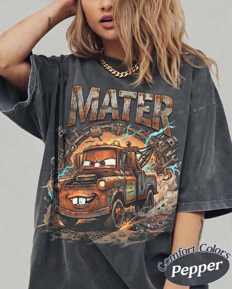 Vintage Tow Mater Comfort Colors Shirt, Radiator Springs Disney Cars Shirt, Checkered Washed Disney Pixar Shirt, Disney Family Trip 2026 Tee image 1