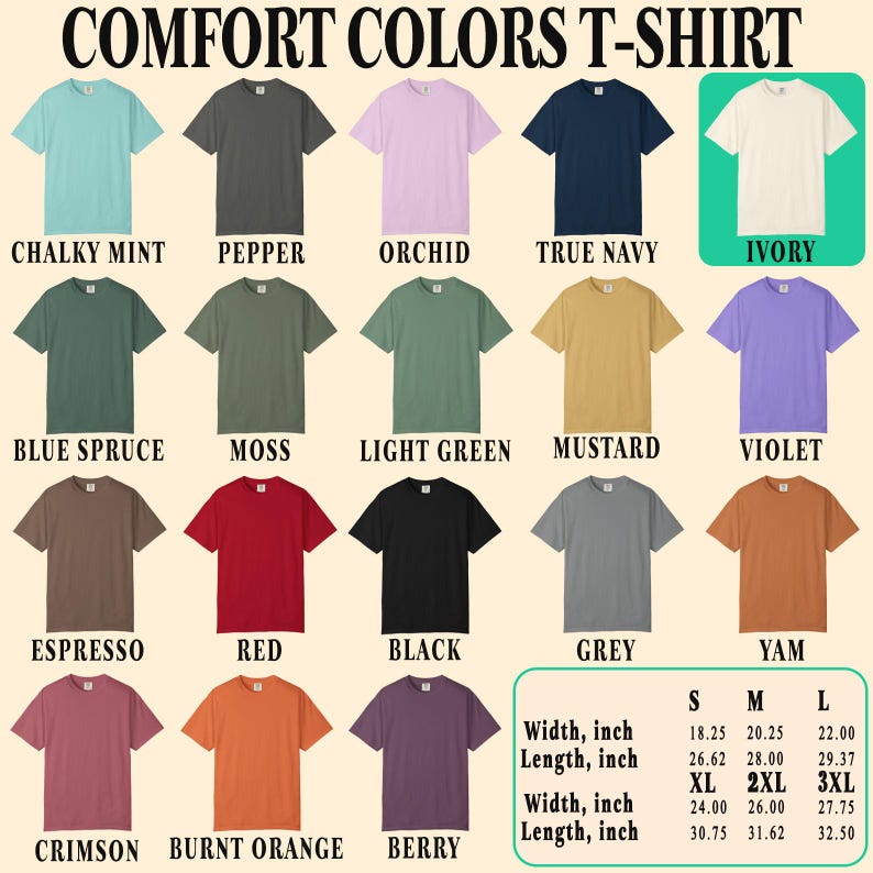Pu&ograve; includere: Esposizione di magliette Comfort Colors in vari colori, tra cui Chalky Mint, Pepper, Orchid e True Navy. L'immagine mostra anche le misure in pollici, con la conversione in cm, per le taglie S a 3XL. Le magliette sono disposte in file.