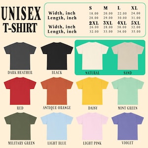 Pu&ograve; includere: T-shirt unisex in vari colori: grigio scuro, nero, naturale, sabbia, rosso, arancione antico, giallo, verde menta, verde militare, azzurro, rosa chiaro e viola. Taglie dalla S alla 5XL, misure in cm.
