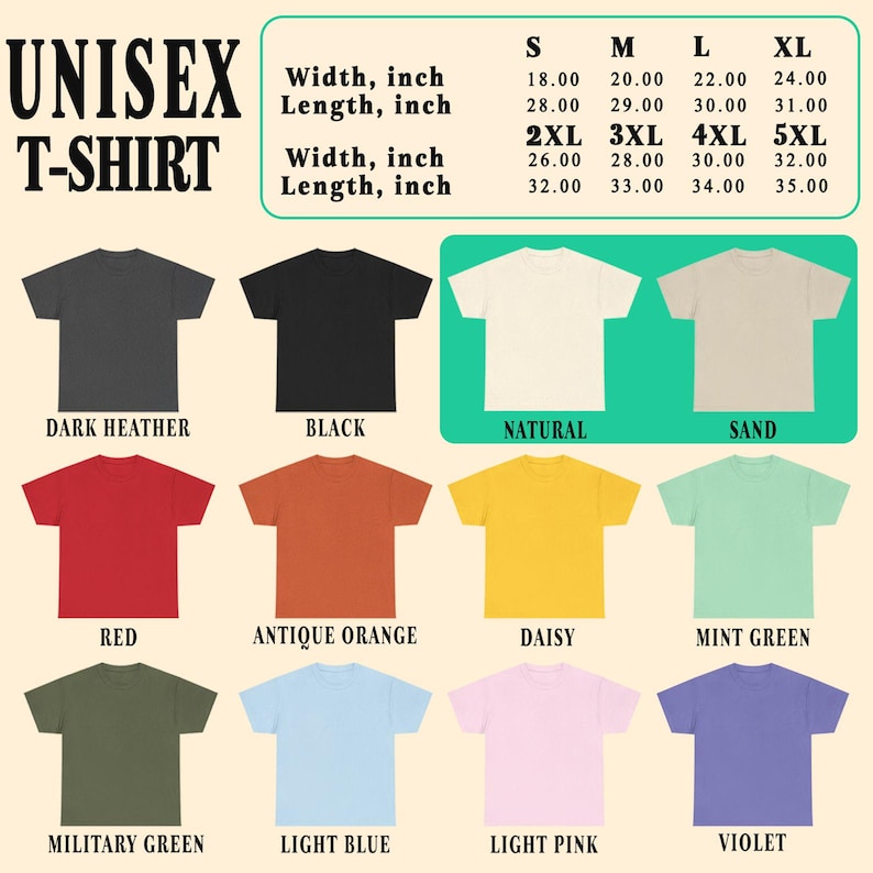 Pu&ograve; includere: T-shirt unisex in vari colori: grigio scuro, nero, naturale, sabbia, rosso, arancione antico, giallo, verde menta, verde militare, azzurro, rosa chiaro e viola. Taglie dalla S alla 5XL, misure in cm.