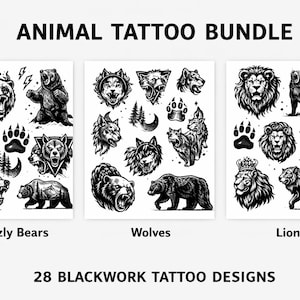 Könnte beinhalten: Schwarz-weißes Tattoo-Bundle mit Grizzlybären, Wölfen und Löwen. Die Designs zeigen detaillierte Illustrationen, Pfotenabdrücke und den Text "ANIMAL TATTOO BUNDLE" und "28 BLACKWORK TATTOO DESIGNS".