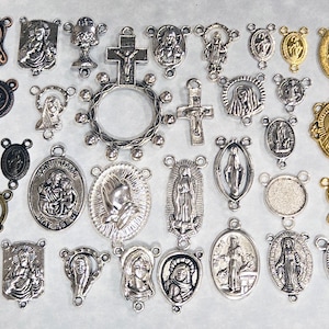 Aylifu 40pcs Golden Rosary Cross Charms And Center Miraculous Medal With Maria Crucifix Cross Pendants And Oval Chandelier Links For Easter Holidays Rosary Jewelry Making, 4 Styles