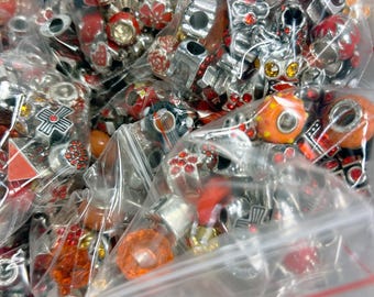 30 Orange Red Theme Bead Mix - Huge LIQUIDATION Glass Metal Resin Silver European Bead Large Hole Charms