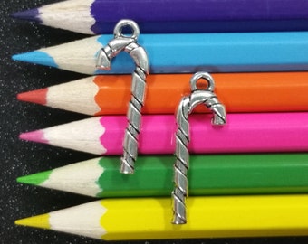 10 PCS - Christmas Candy Cane Peppermint Silver Charm Pendant C0549