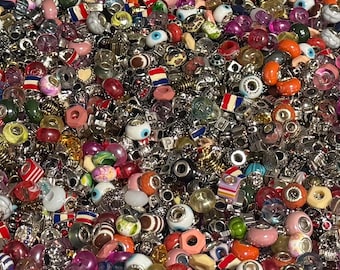 50 Piece Lot MISC. Bead Mix - Huge LIQUIDATION Glass Metal Resin Silver European Bead Large Hole Charms (less variety, read description)
