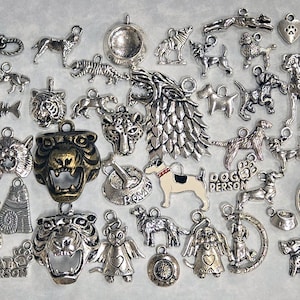 May include: A collection of silver-toned charms in various animal shapes, including dogs, cats, tigers, and lions. Some charms feature paw prints, bones, and the text "I Love Cats" and "Dog Person".