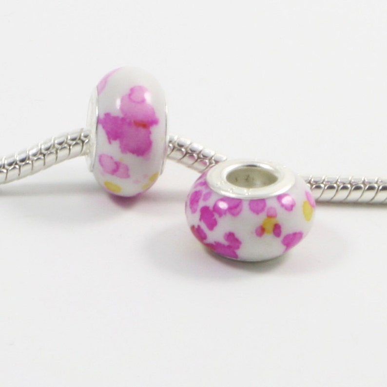 Acrylic Paint Splatter Yellow White Pink Silver European Bead Charm E0206 3 Beads
