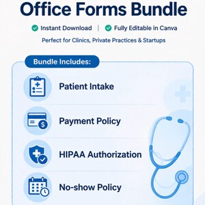 Op de afbeelding: Een digitale afbeelding die een 'Bewerkbare Medical Office Forms Bundle' promoot. Het blauw-witte ontwerp bevat pictogrammen voor patiëntenopname, betalingsbeleid, HIPAA-autorisatie en no-show-beleid. De tekst luidt 'Direct downloaden' en 'Afdrukbare + bewerkbare sjablonen'.