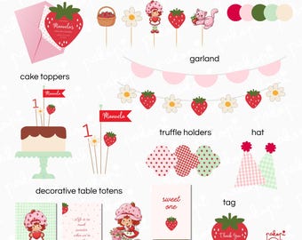 Set de fiesta Strawberry Shortcake | Adorno para pastel | Decoración de cumpleaños con fresas | Fiesta infantil