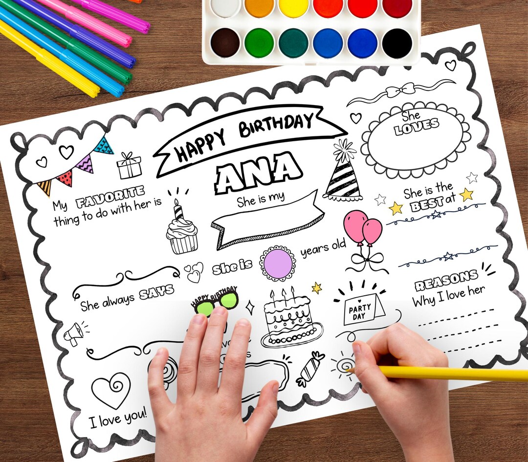 Birthday Coloring Placemat DIGITAL | Happy Birthday Party Activity ...