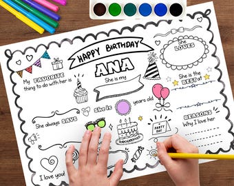 Español - Programa de actividades para fiesta de cumpleaños | Página para colorear infantil | Archivo editable de Canva para imprimir