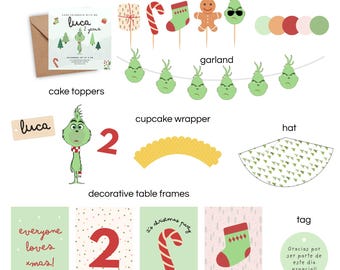 Set de fiesta navideña del Grinch | Adorno para pastel | Decoración de cumpleaños navideño | Fiesta infantil