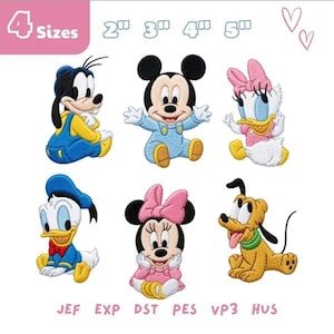 Könnte beinhalten: Sechs gestickte Aufnäher mit Baby-Versionen von Goofy, Mickey Maus, Daisy Duck, Donald Duck, Minnie Maus und Pluto. Der Text 4 Sizes 2" 3" 4" 5" steht oben, die Dateiformate JEF, EXP, DST, PES, VP3, HUS sind unten aufgeführt.