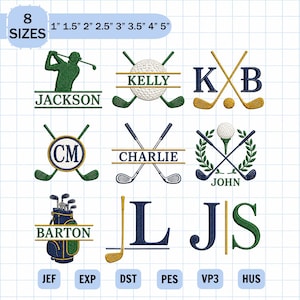 May include: A collection of nine golf-themed embroidery designs featuring names like Jackson, Kelly, Charlie, John, and Barton, along with monograms like K B, CM, L, and JS. The designs include golf clubs, balls, and bags in green, blue, and gold.