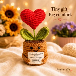 May include: A crocheted plant with a red heart-shaped flower, green leaves, and a brown pot featuring a smiling face. A white sign held by the pot reads: Emotional support Plant. Life can be tough sometimes, but remember so are you! Tiny gift. Big comfort.