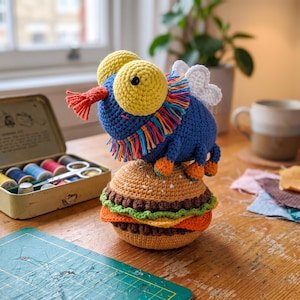 May include: A crocheted creature with large yellow eyes, a blue body, a red tongue, and white wings, perched atop a crocheted hamburger. The hamburger features a tan bun with white stitching, a brown patty, green lettuce, and orange cheese.
