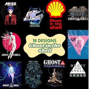 Pode incluir: Uma coleção de designs gráficos com personagens e logotipos da série de anime "Ghost in the Shell". Os designs incluem várias ilustrações, logotipos e o texto "18 DESIGNS Ghost in the Shell."