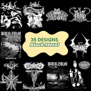 Könnte beinhalten: Eine Sammlung von 35 schwarz-weißen Grafikdesigns mit verschiedenen Black-Metal-Bandlogos und Illustrationen, darunter Texte wie Agalloch, Aosoth, Blut Aus Nord, Burzum, Celtic Frost und Carpathian Forest auf einem schwarzen Hintergrund.