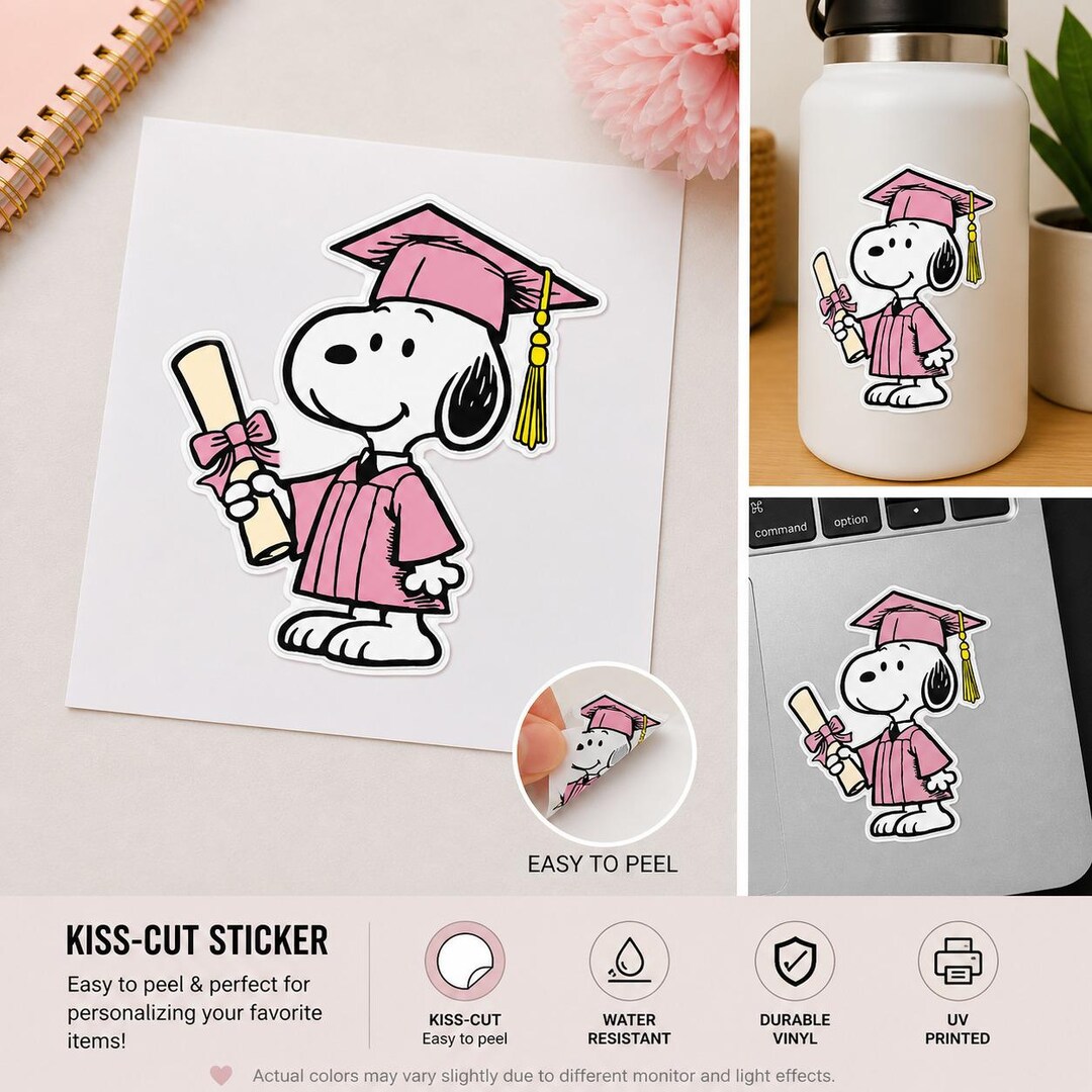 Cute Graduation Snoopy Sticker, Pink Grad Puppy Decal, Class of 2026 ...