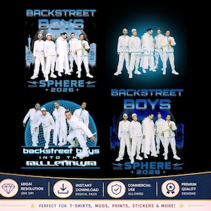 Op de afbeelding: Een digitale grafische set met vier verschillende lay-outs van de Backstreet Boys in witte outfits. De tekst bevat Backstreet Boys Sphere 2026 en Into the Millennium. De ontwerpen staan op een zwarte achtergrond met iconen onderaan.