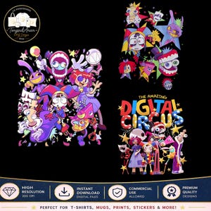 May include: A digital graphic design featuring characters from The Amazing Digital Circus, including a jester, a rabbit, and various colourful figures. The artwork displays vibrant, cartoon-style illustrations with stars and confetti on a black background.