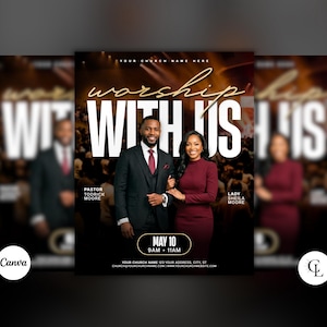 Op de afbeelding: Een promotieflyer met de woorden "worship WITH US" in grote witte letters. De flyer toont een man en een vrouw in formele kleding, met tekst die de datum, tijd en locatie van een evenement aangeeft. De achtergrond is wazig.
