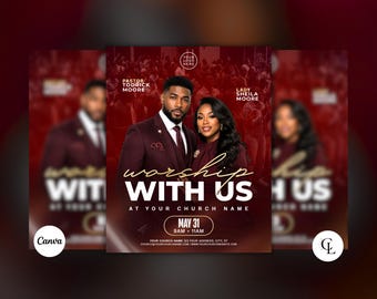 Worship With Us Church Flyer, Sunday Service Flyer, Editable Canva Template