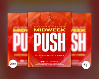 Midweek Push Church Flyer, Midweek Service, Editable Canva Template