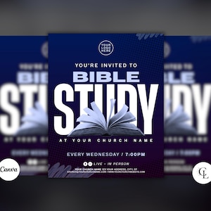 Op de afbeelding: Een flyer met een donkerblauwe en paarse gradiënt achtergrond. De tekst "YOU'RE INVITED TO BIBLE STUDY" staat in het wit, met een afbeelding van een open boek. Details: kerknaam, adres en tijd.
