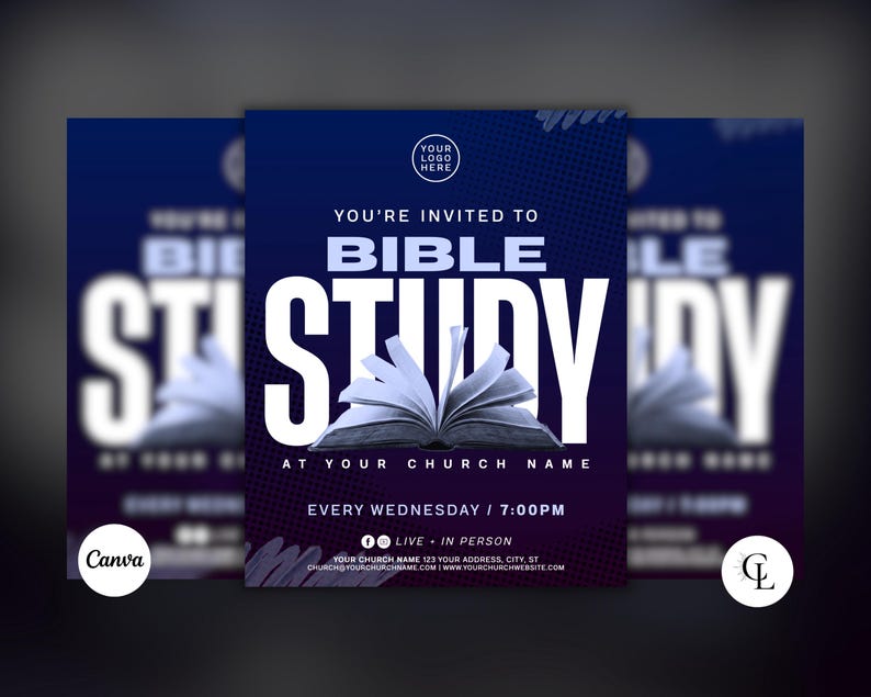 May include: A promotional flyer with a dark blue and purple gradient background. The text "YOU'RE INVITED TO BIBLE STUDY" is in white, with an open book graphic. Details include church name, address, and service time.