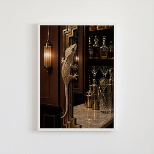 May include: A light-coloured crested gecko clings to a dark, ornate, gold-trimmed vertical frame. To the right, a marble bar counter holds various glass decanters, cocktail shakers, and crystal glasses, illuminated by a warm, glowing wall sconce.