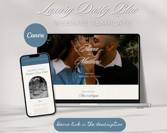 May include: A laptop and smartphone display a wedding website template with a dusty blue theme. The website features a photo of a couple, with the names "Alana and Matthew" and the text "Wedding Venue". The word "Canva" is also visible.