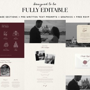 May include: A digital wedding invitation template with a cream background. The text "Designed to be FULLY EDITABLE" is at the top. The template includes pre-made sections, text prompts, graphics, and a free RSVP form. Images of a couple and wedding icons are included.