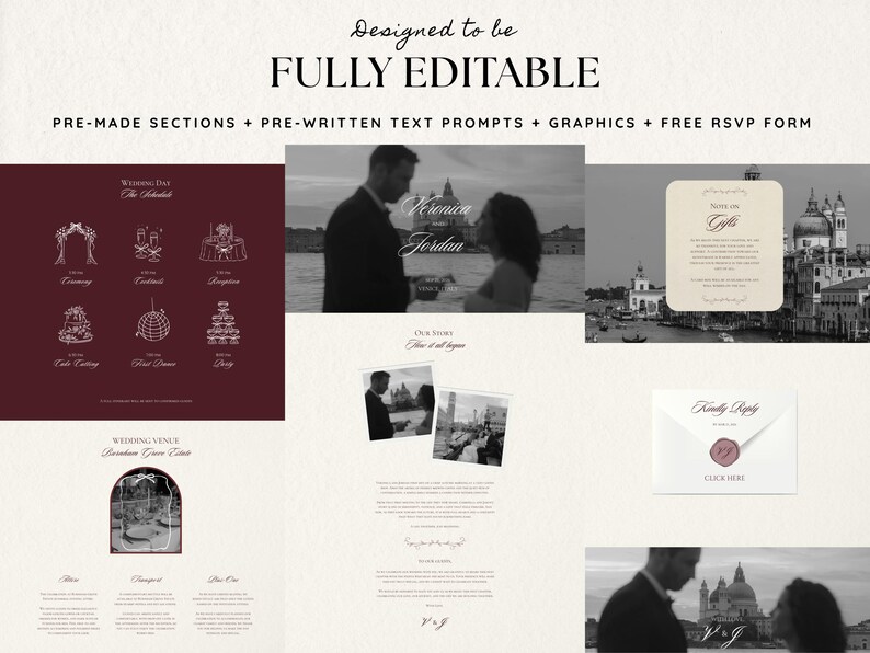 May include: A digital wedding invitation template with a cream background. The text "Designed to be FULLY EDITABLE" is at the top. The template includes pre-made sections, text prompts, graphics, and a free RSVP form. Images of a couple and wedding icons are included.