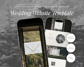 May include: A black and white image of two smartphones displaying a wedding website template. The template features elegant design elements, including a decorative envelope and a photo of a couple. Text on the image includes "Wedding Website Template", "Instant Access", "Fully Editable", and "RSVP Form".