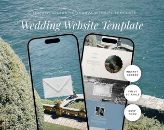 May include: Two smartphones displaying a wedding website template against a backdrop of water and greenery. The template features a wedding invitation design and a photo of a couple. Text includes "Dreamy Romantic Canva Website Template" and "Wedding Website Template."