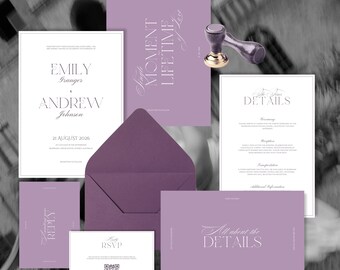 May include: A collection of wedding stationery in shades of purple and white. The set includes invitations, RSVP cards, and envelopes. The text includes the names "Emily Granger" and "Andrew Johnson", along with the date "21 August 2026". A stamp is also included.