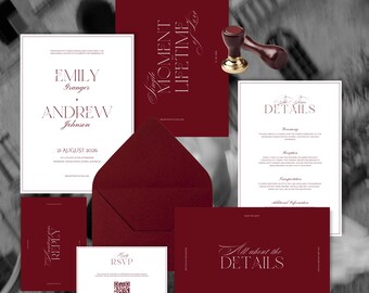 May include: A collection of burgundy wedding stationery, including invitations, RSVP cards, and envelopes. The invitations feature elegant white text with the names "Emily Granger" and "Andrew Johnson" and the date "21 August 2026". A wooden stamp is also included.